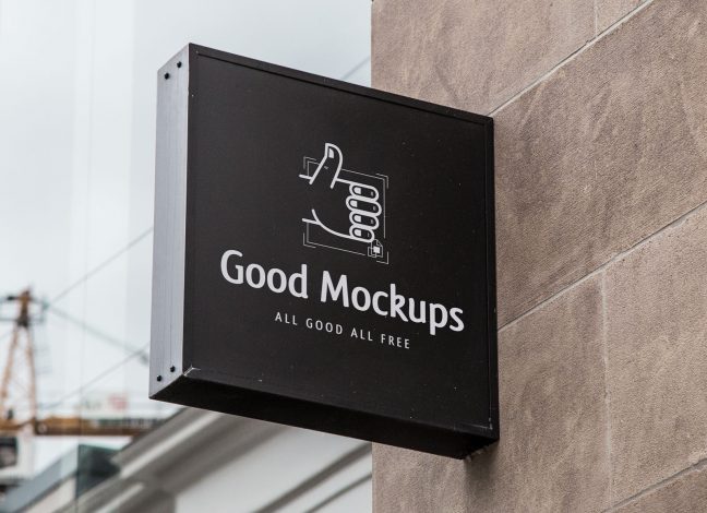 Free Backlit Hanging Shop Sign Board MockUp PSD - Good Mockups