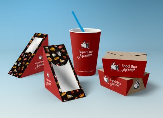 Free Wedge Sandwich, Food Box & Paper Cup Packaging Mockup PSD
