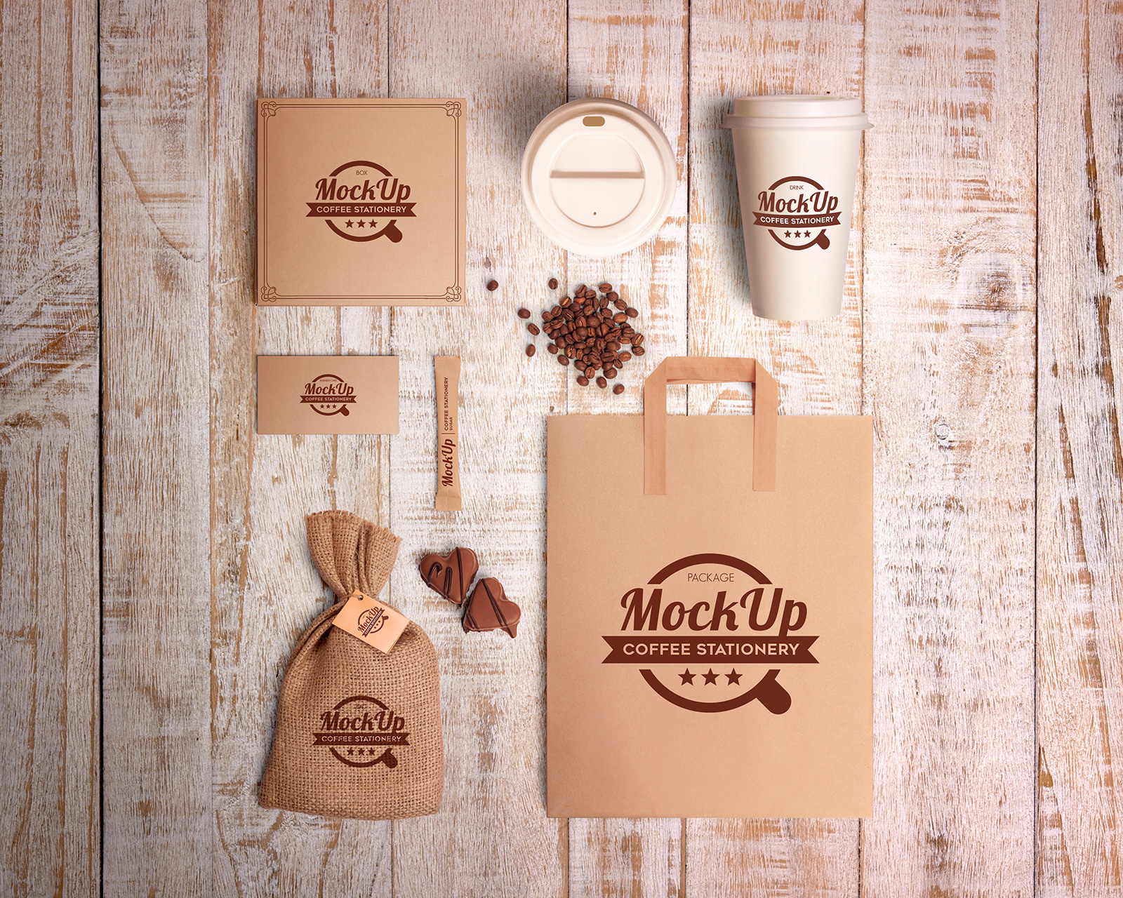 Free Pizza Box Packaging, Coffee Cup & Stationery Mockup PSD Files