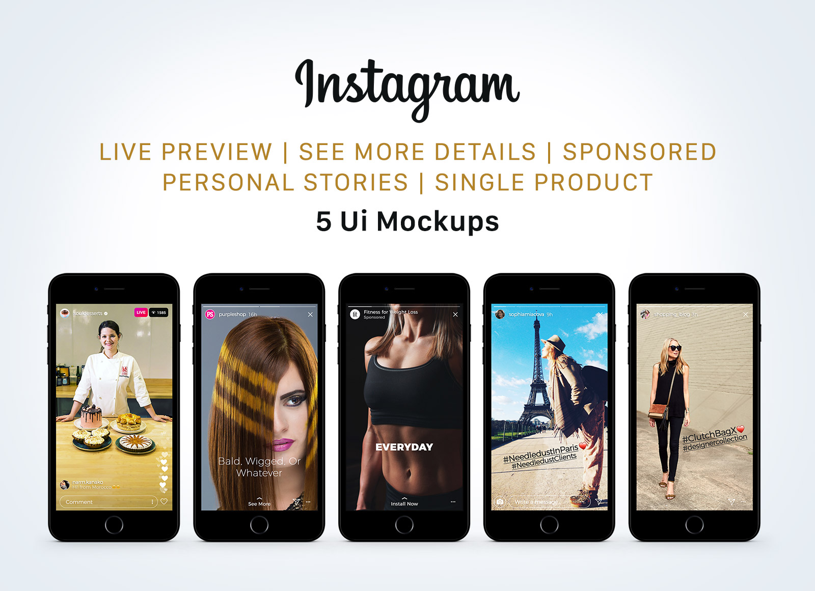 Download Free Instagram Sponsored, Live & Status Stories UI Mockup ... PSD Mockup Templates