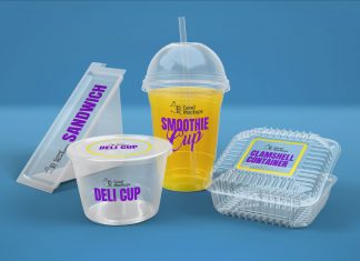 Free-Transparent-Sandwich-Box,-Clamshell-Container,-Deli-&-Smoothie-Cup-Packaging-Mockup-PSD