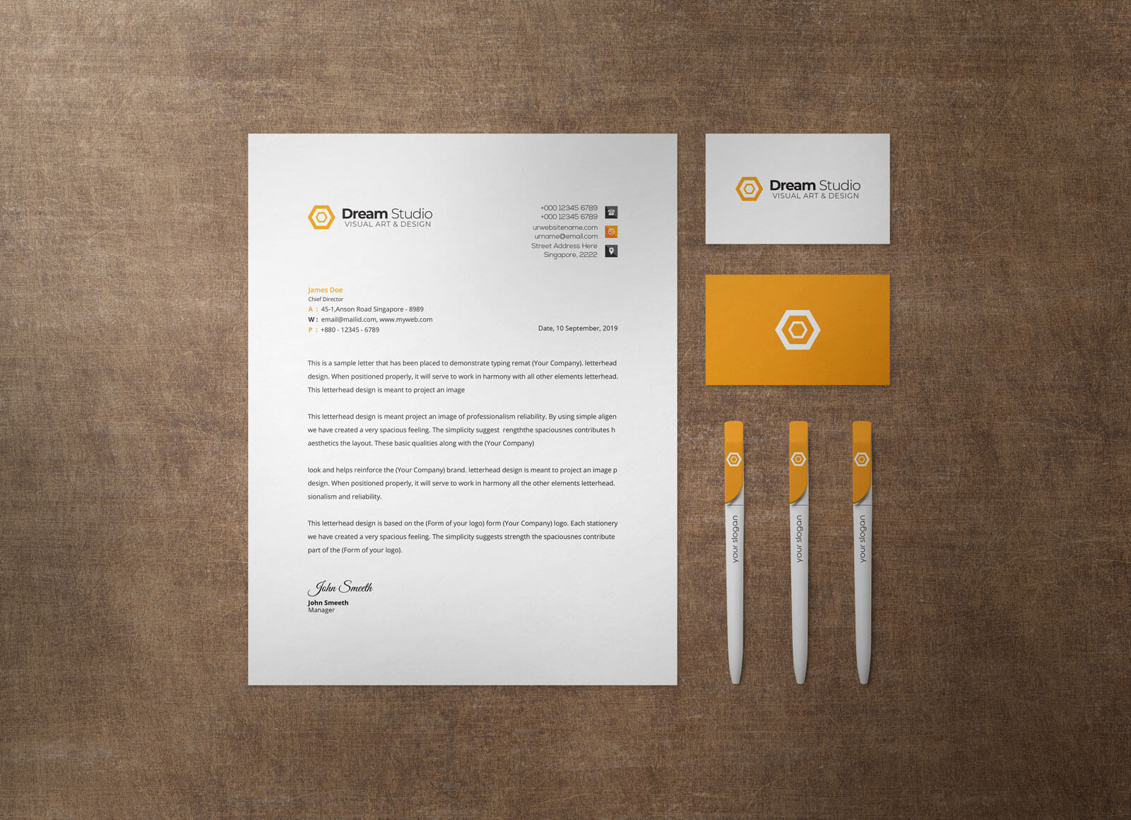 Free US Size Letterhead, Business Card & Ballpoint Pen Stationery Mockup PSD Set (1)