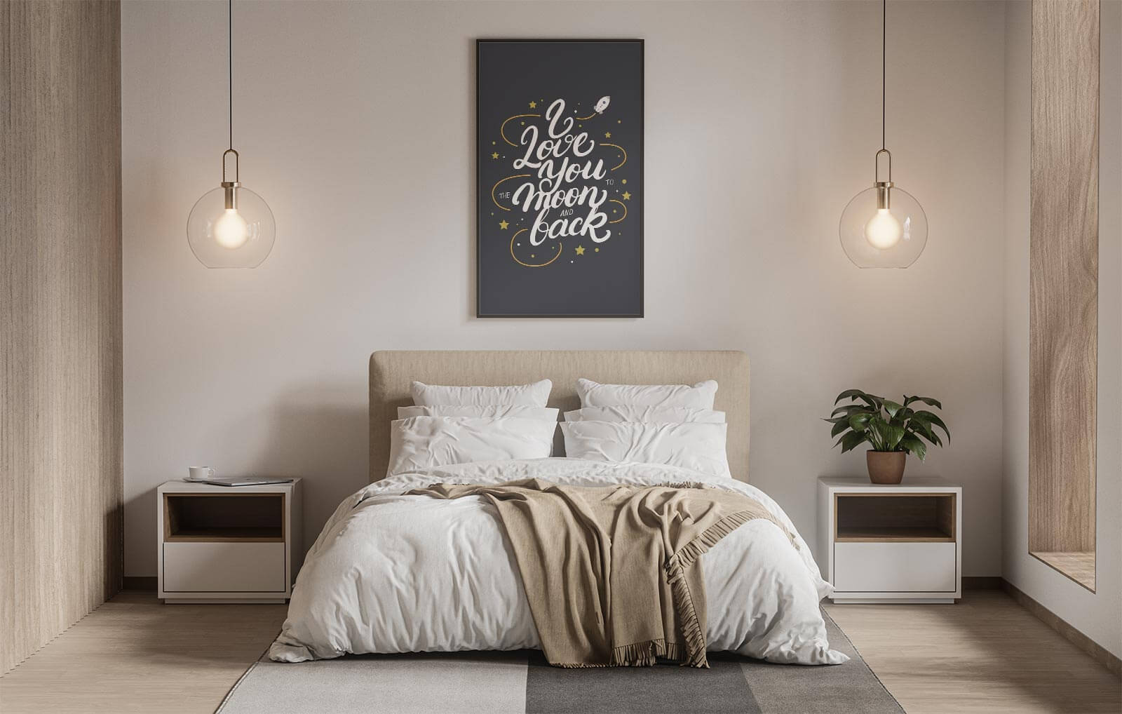 Free Landscape / Portrait Bedroom Wall Canvas Poster Mockup PSD - Good Mockups