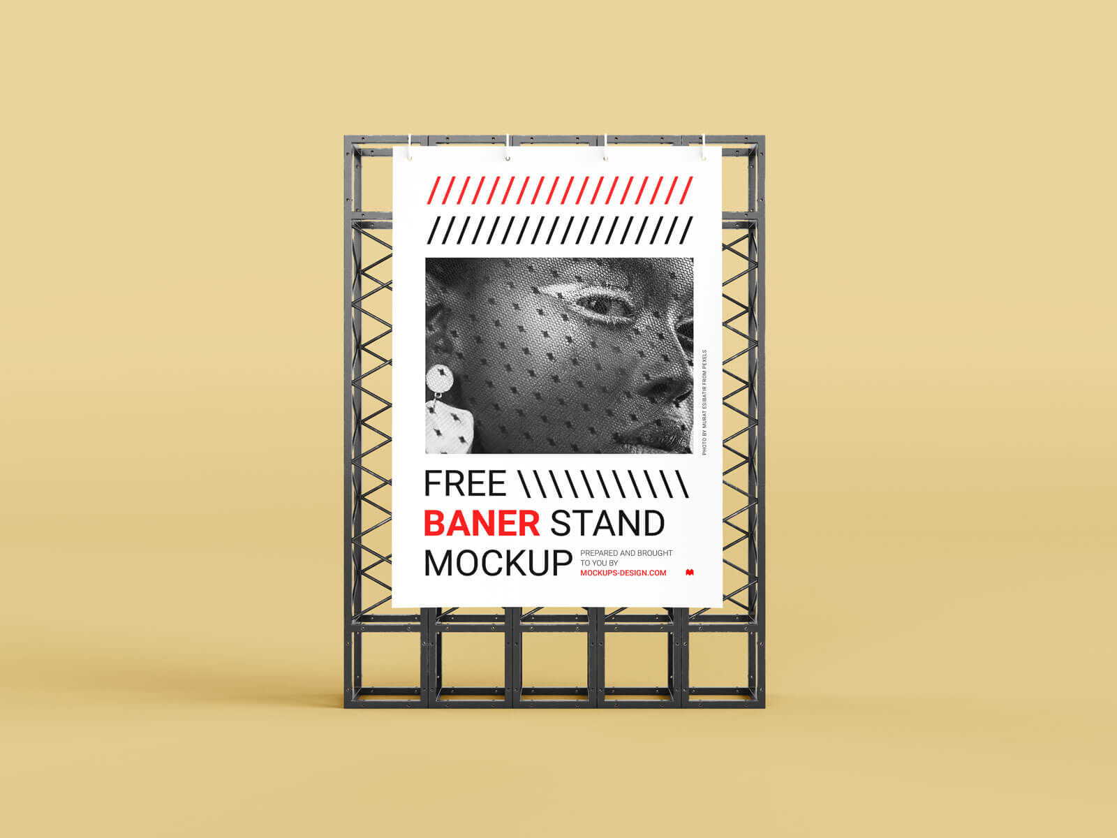 Free Poster Banner on Steel Structure Stand Mockup PSD Set