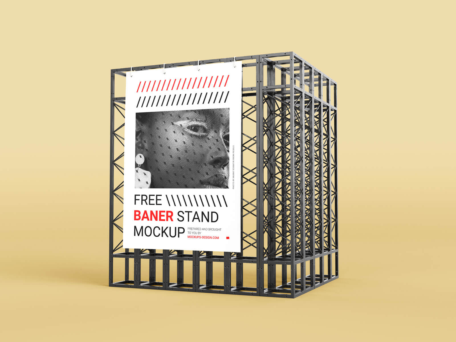 Free Poster Banner on Steel Structure Stand Mockup PSD Set