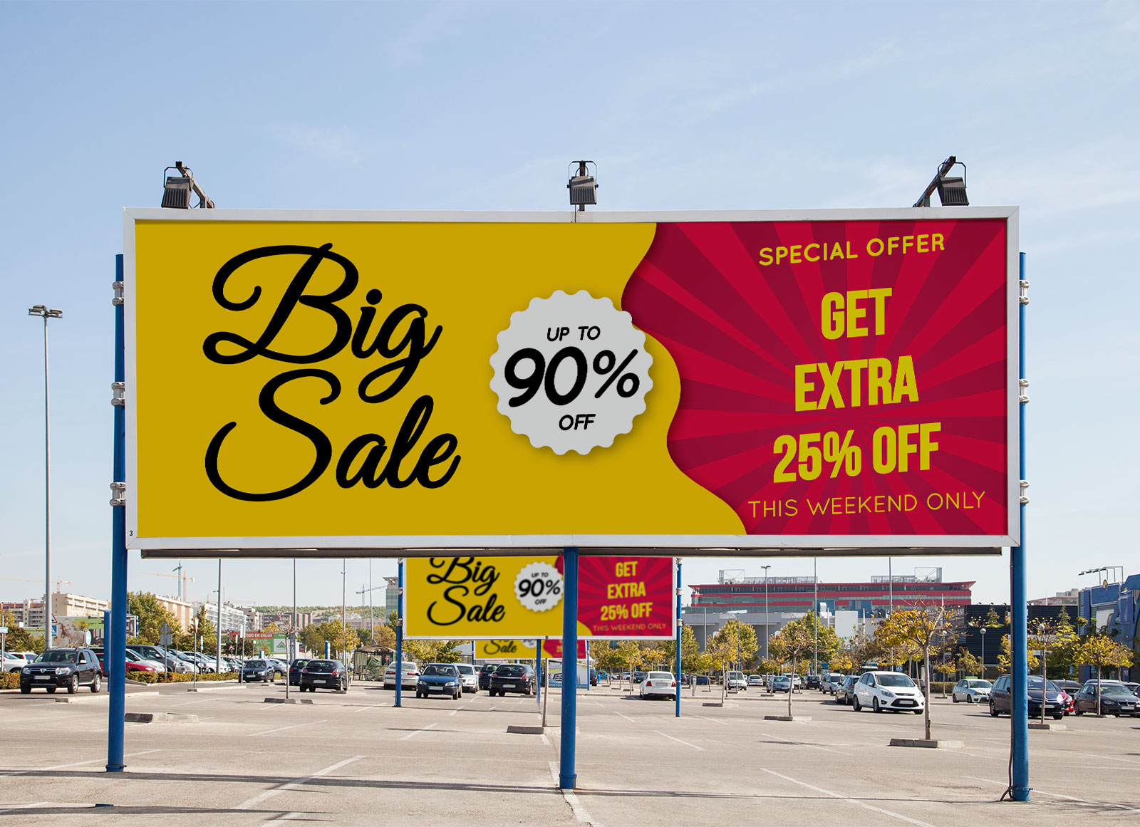 Free Sale / Discount Billboard At Parking Lot Mockup PSD - Good Mockups