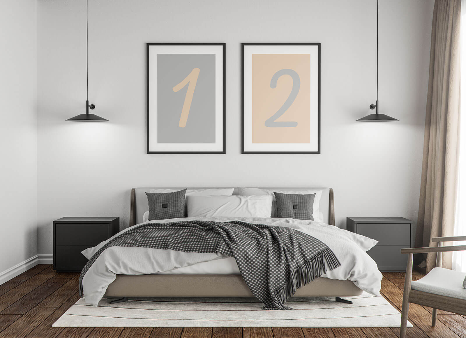Free Bedroom Twin Poster / Photo Frame On Wall Mockup PSD