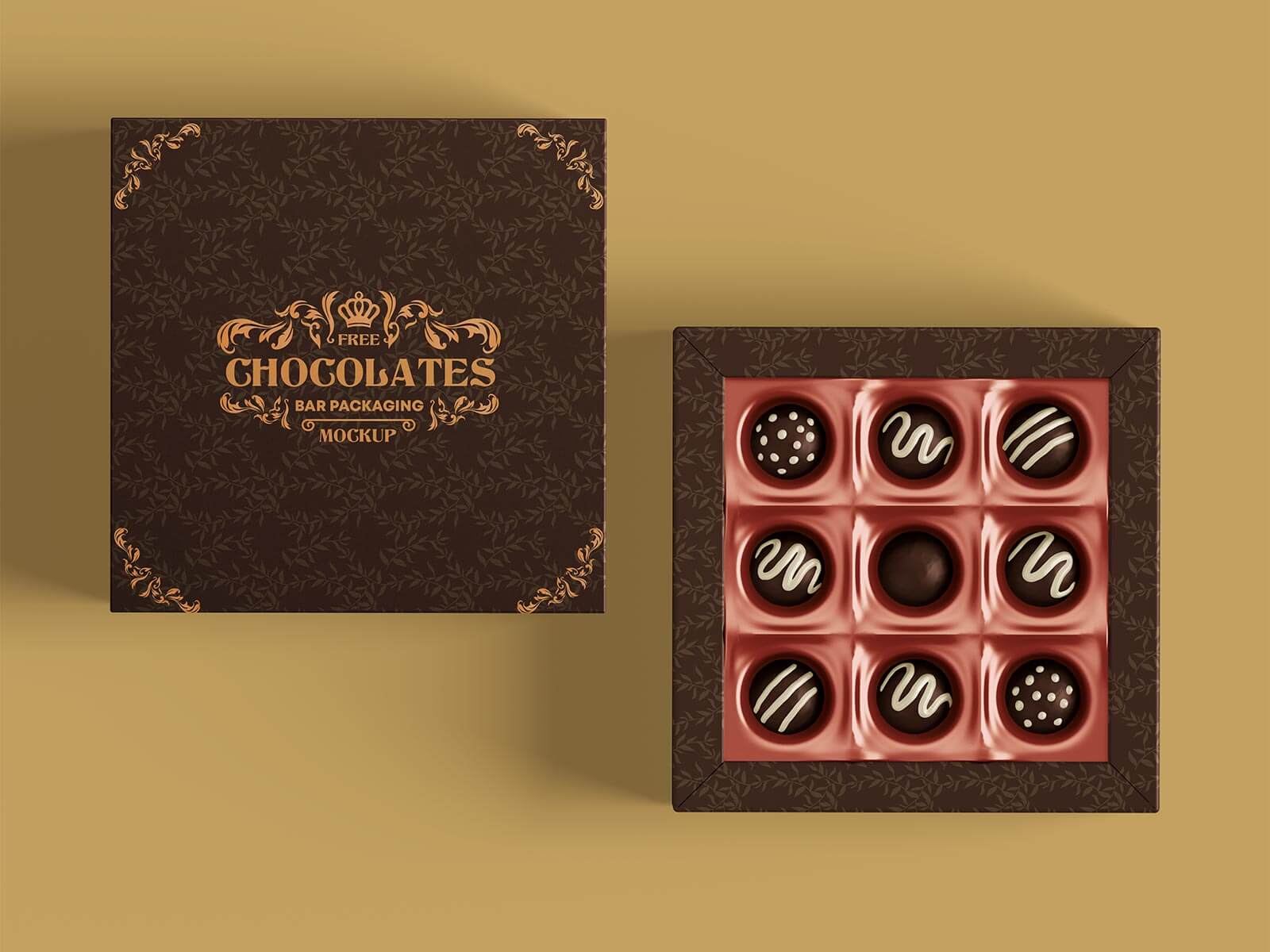 Free Truffle Dark Chocolate Gift Box Mockup PSD Set