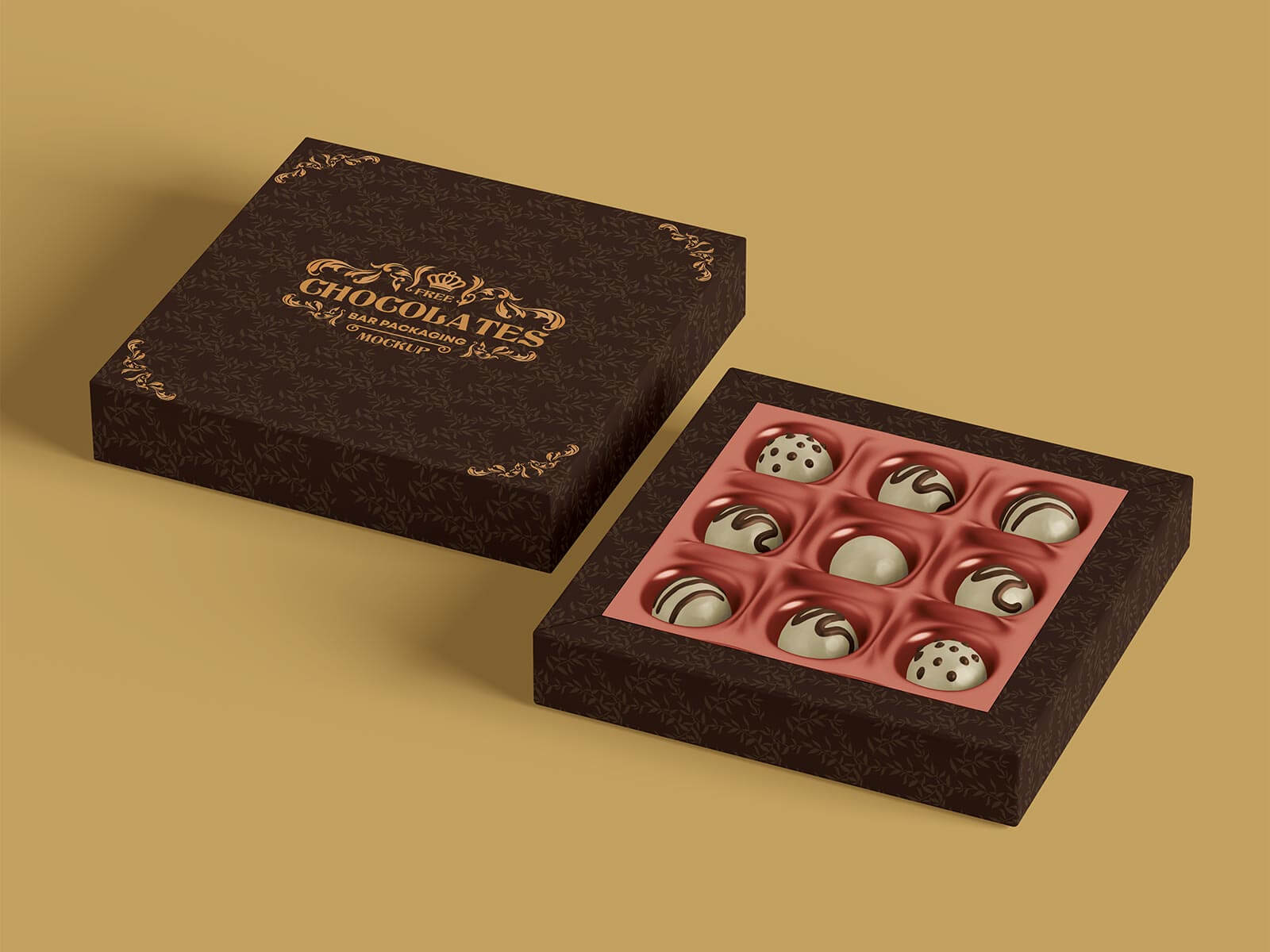 Free Truffle Dark Chocolate Gift Box Mockup PSD Set