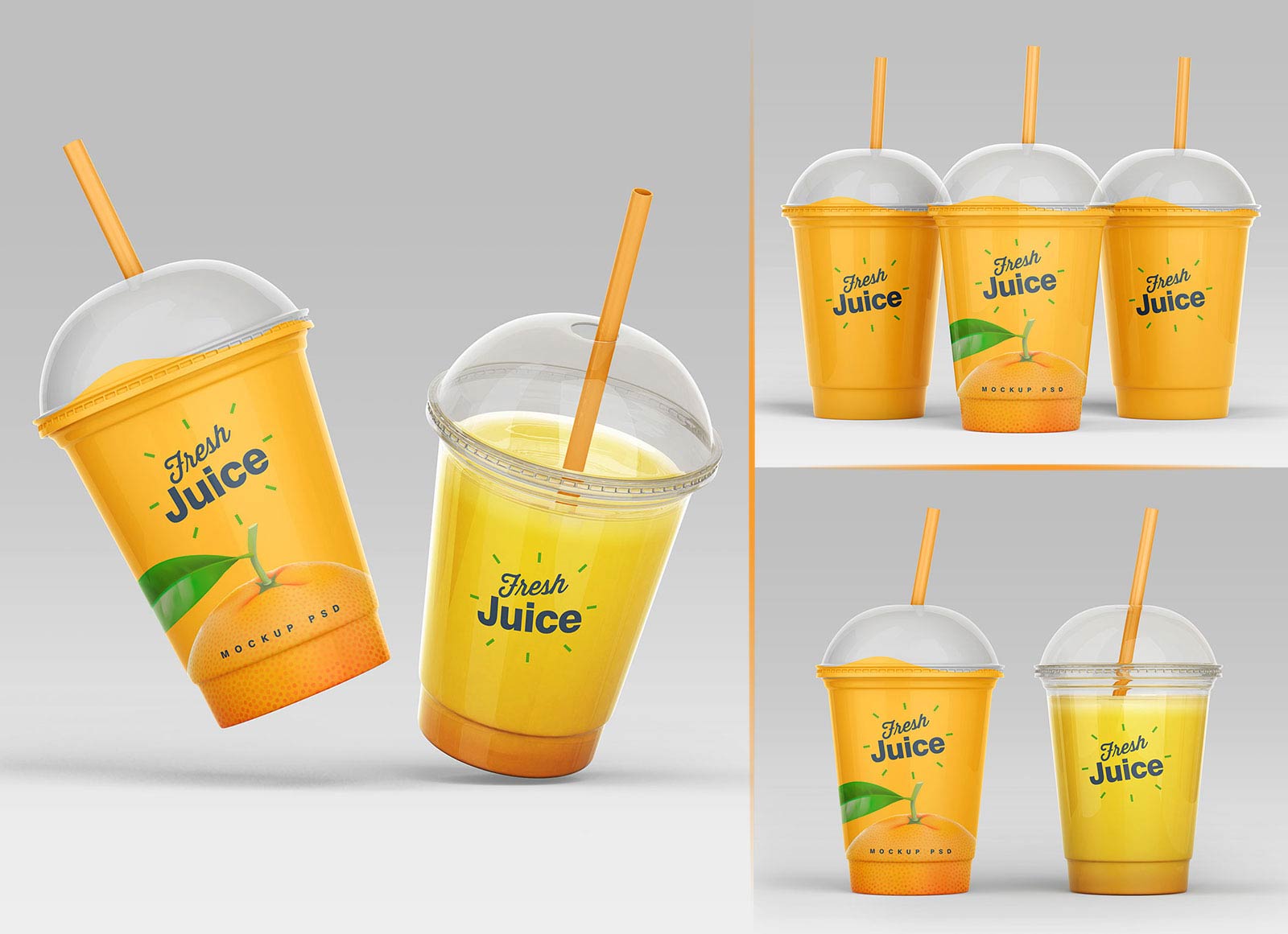 4 Free Clear Plastic Disposable Juice Cup With Dome Lid Mockup PSD Set - Good Mockups