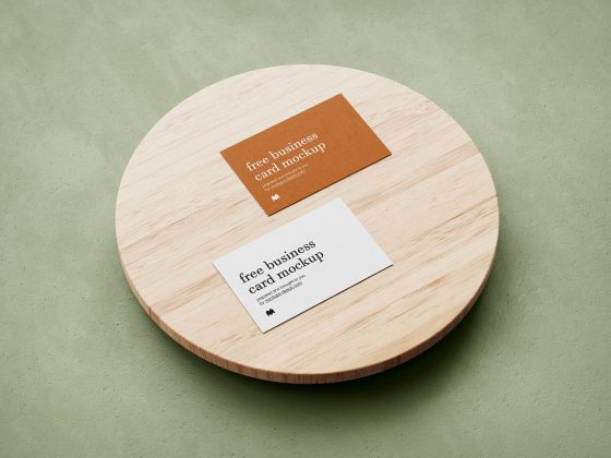 Download Free Textured Business Card On Wooden Rolling Board Mockup PSD - Good Mockups