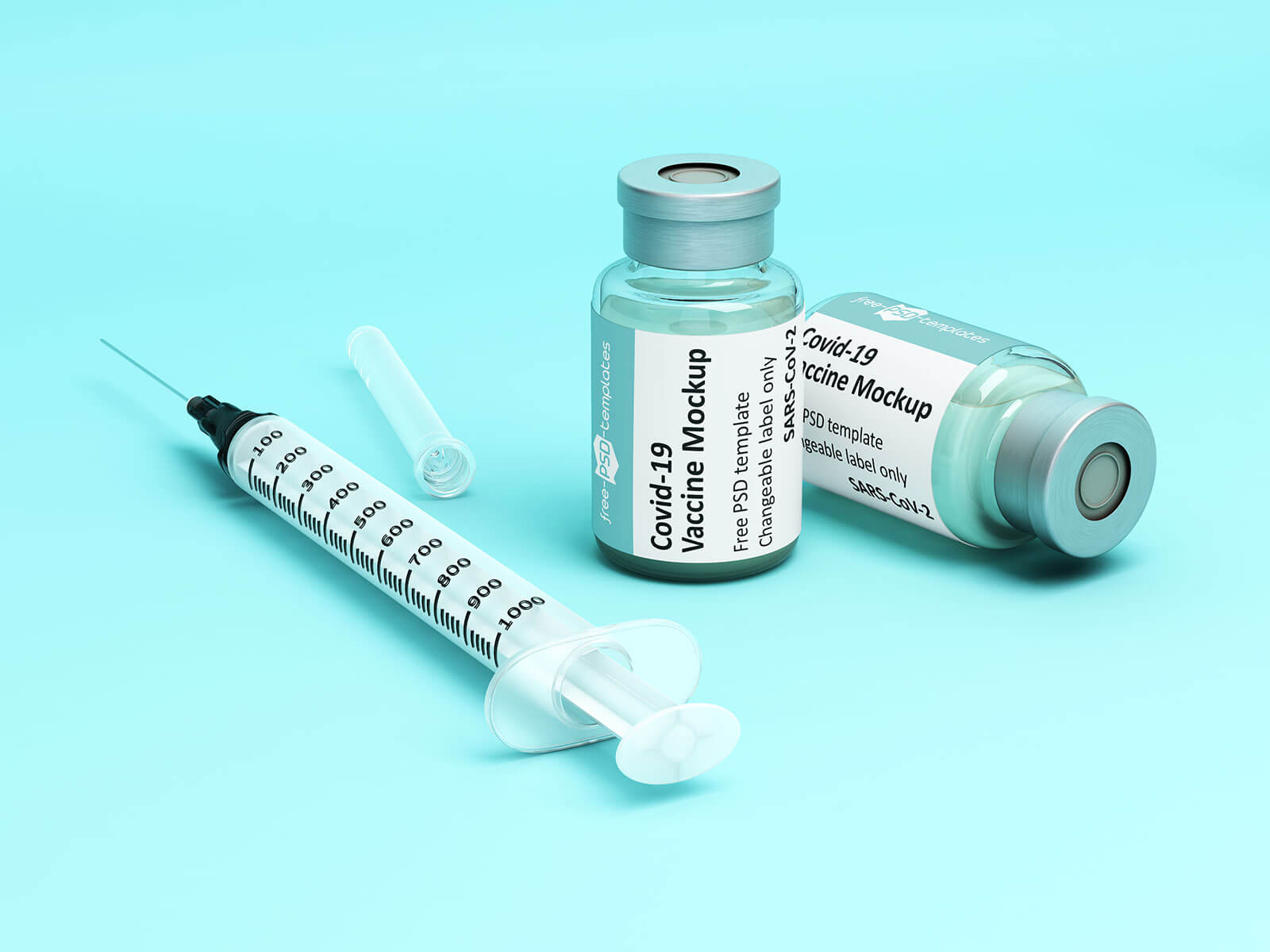 Free Covid-19 Vaccine Vial Injection & Syringe Mockup PSD Set