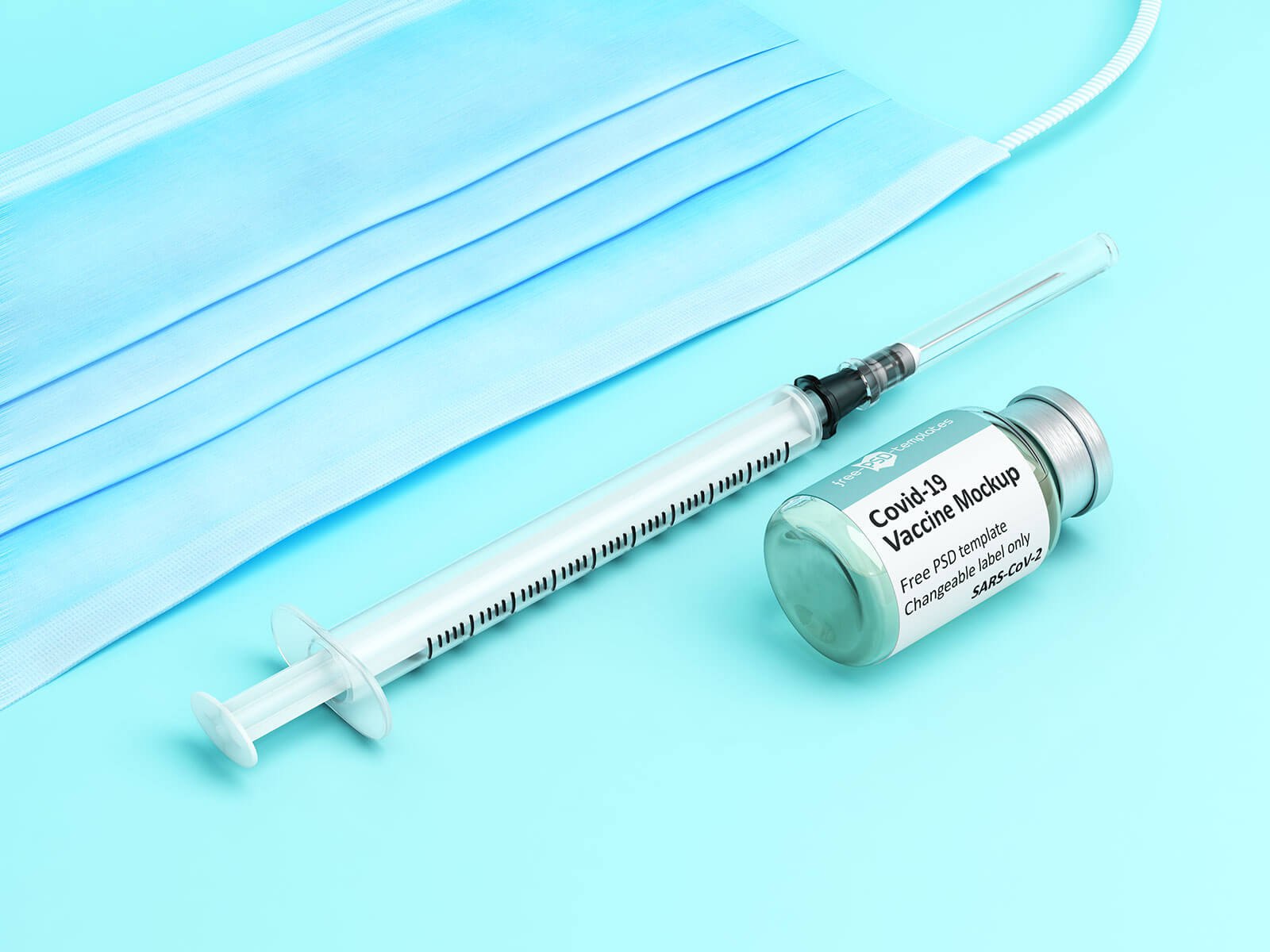 Free Covid-19 Vaccine Vial Injection & Syringe Mockup PSD Set
