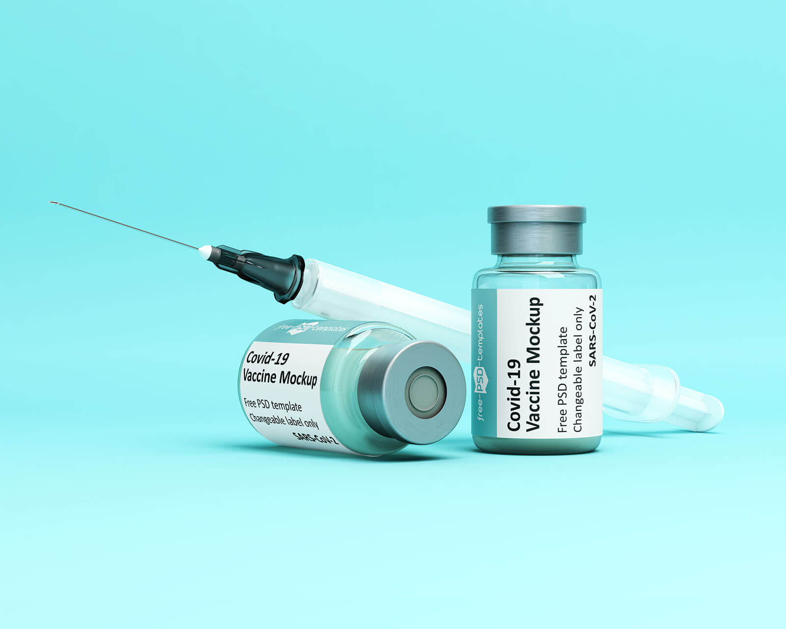 Free Covid-19 Vaccine Vial Injection & Syringe Mockup PSD Set