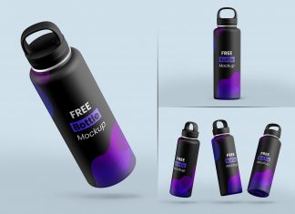 Free Reusable Aluminum Metallic Water Bottle Mockup PSD Set