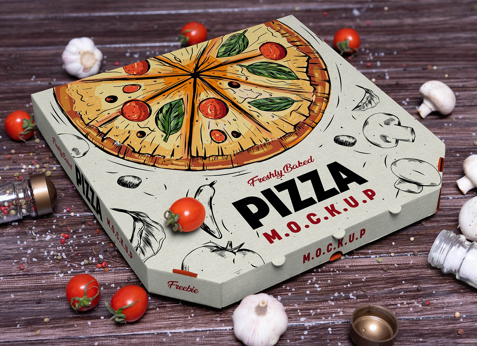 Premium PSD, Open pizza box packaging mockup on wood texture