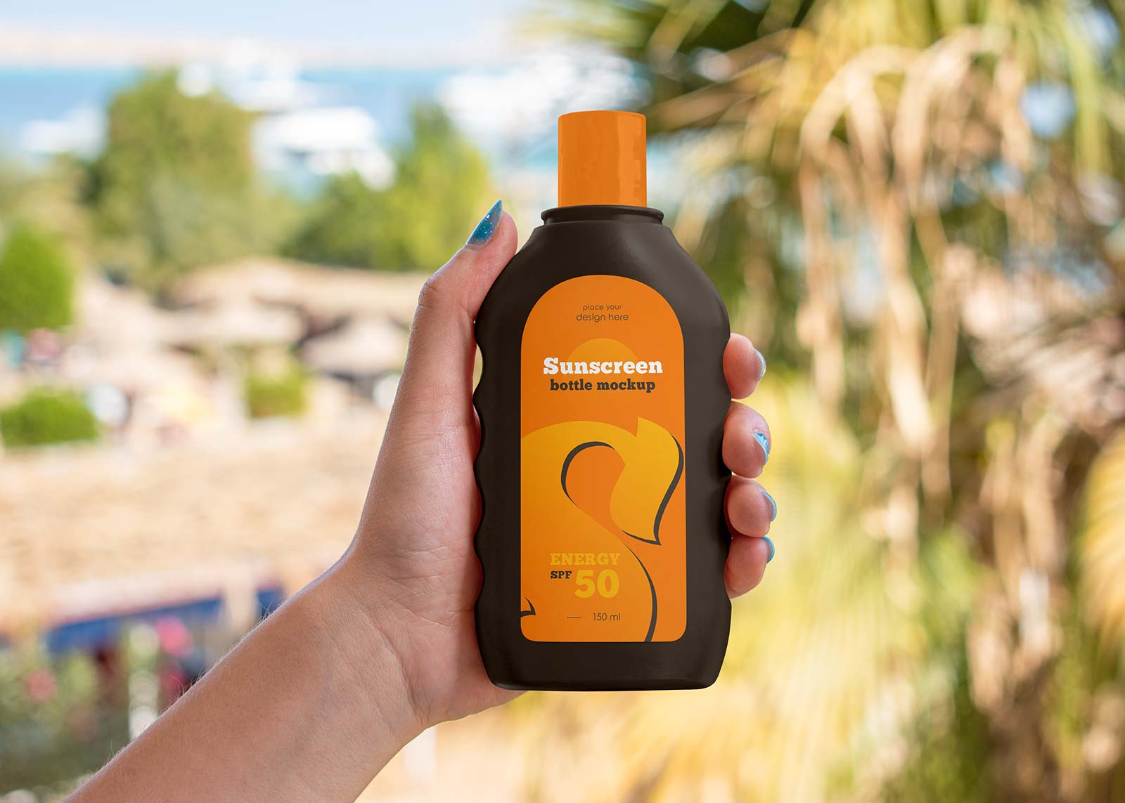 Free Hand Holding Sunscreen Bottle Mockup PSD Set