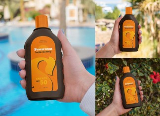 Free Hand Holding Sunscreen Bottle Mockup PSD Set