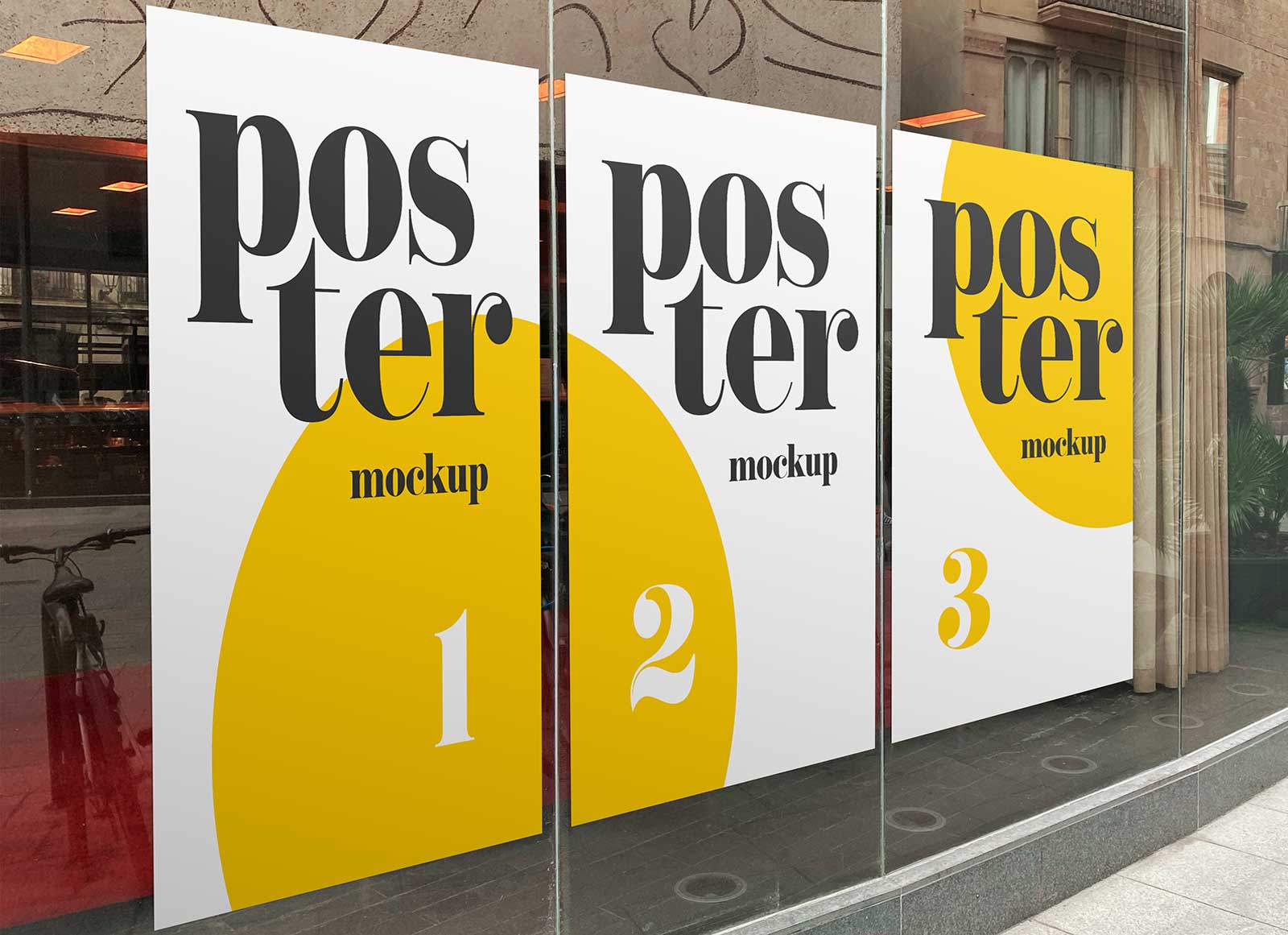 Free Posters On The Glass Mockup PSD 