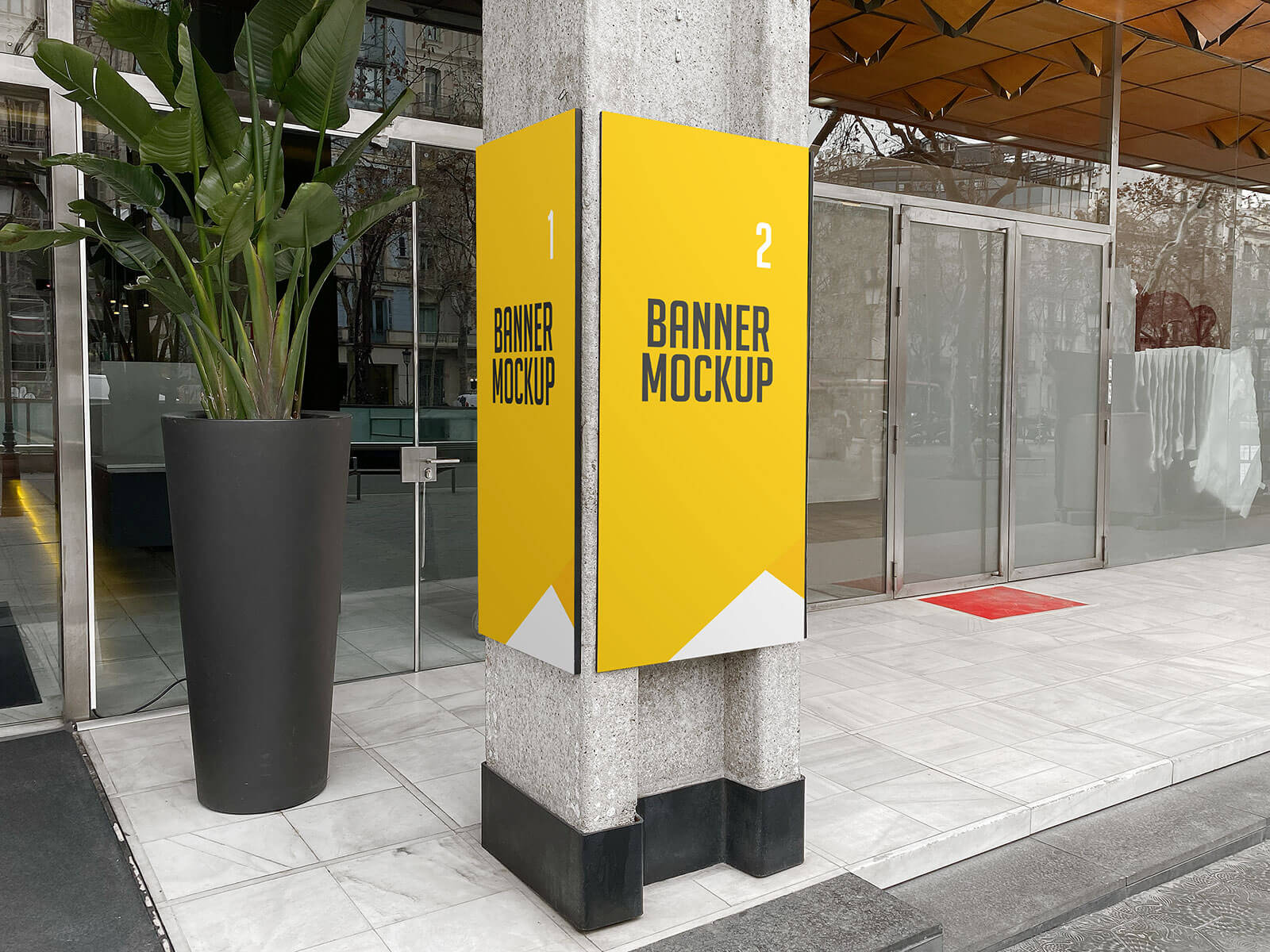 Free Outdoor Advertising Cement Pillar banner Mockup PSD Set