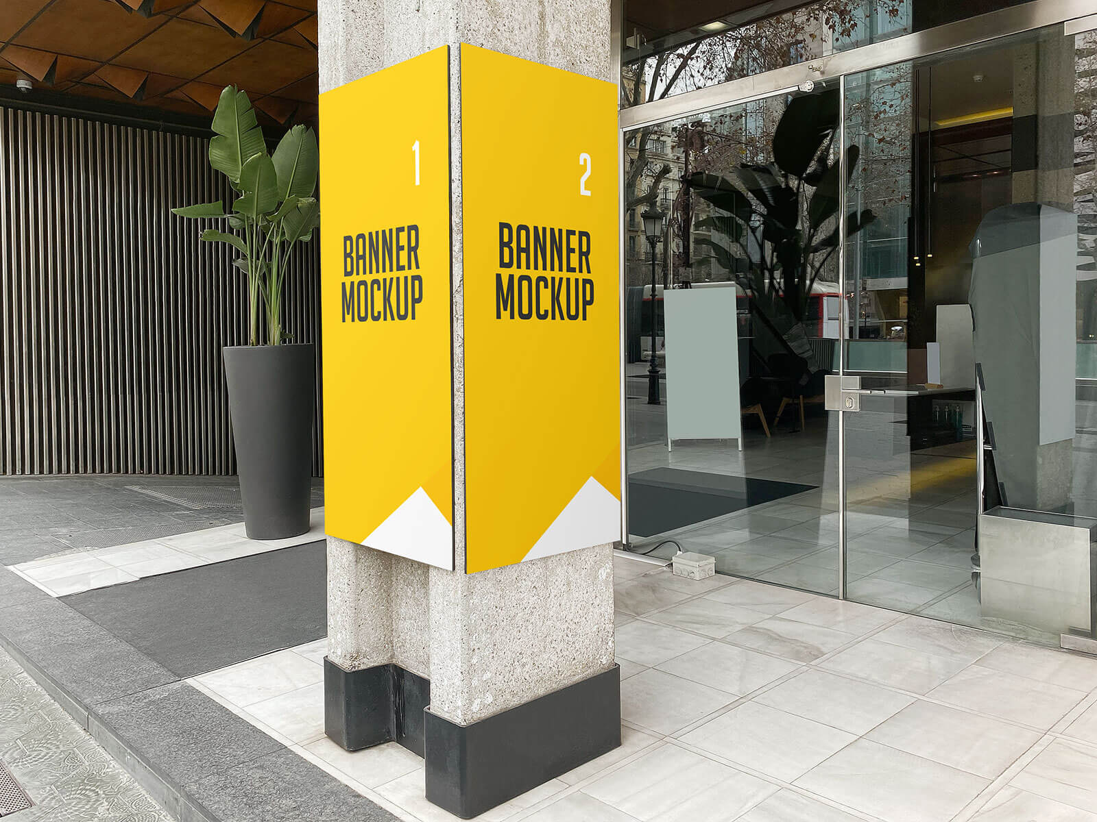 Free Outdoor Advertising Cement Pillar Banner Mockup PSD Set
