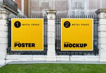 Free Square Metal Fence Poster Mockup PSD