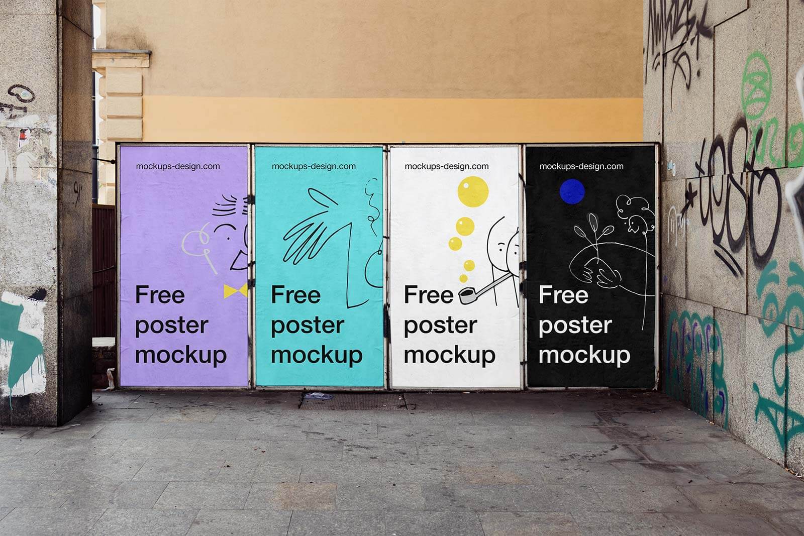 Free 4 Side By Side Outdoor Wall Posters Mockup PSD - Good Mockups