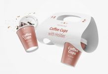 Free Floating Paper Coffee Cups With Holder Mockup PSD