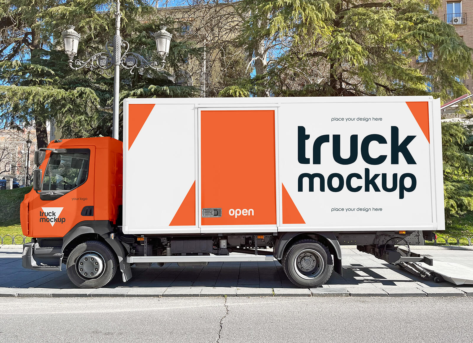 Free Transport Truck Vehicle Branding Mockup PSD