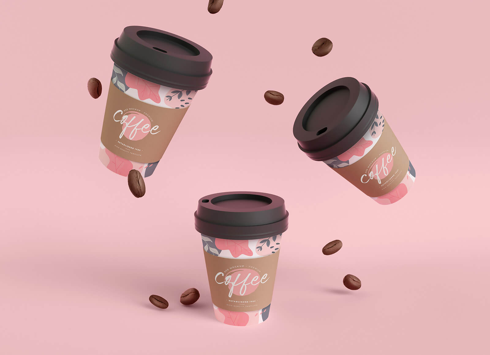 Free Gravity Coffee Cups With Beans Mockup PSD