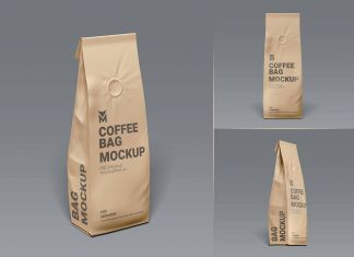 Free Kraft Paper Standing Coffee Bag Mockup PSD Set