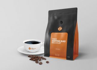Free Coffee Standing Bag With Cup Mockup PSD