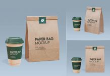 Free Kraft Paper Coffee Cup & Bag Mockup PSD Set