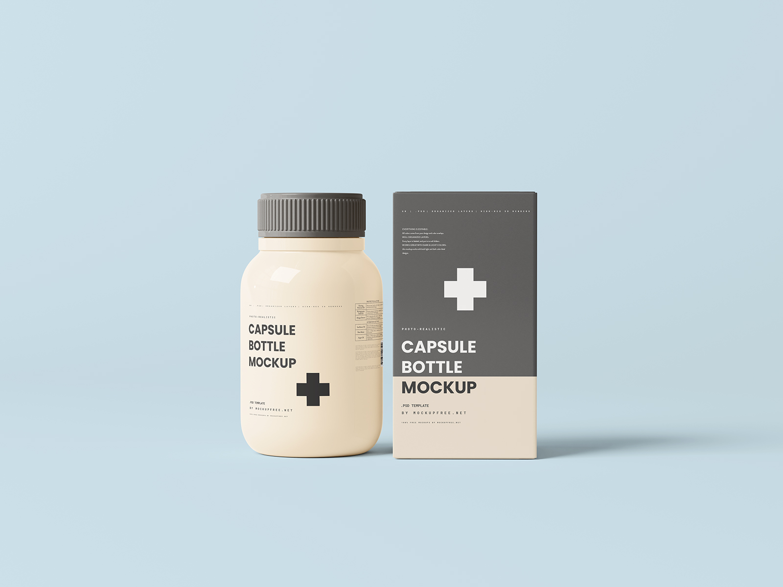 Free Pill Capsule Bottle & Packaging Box Mockup PSD