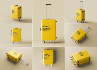 Free Rolling Travel Luggage Suitcase Mockup PSD