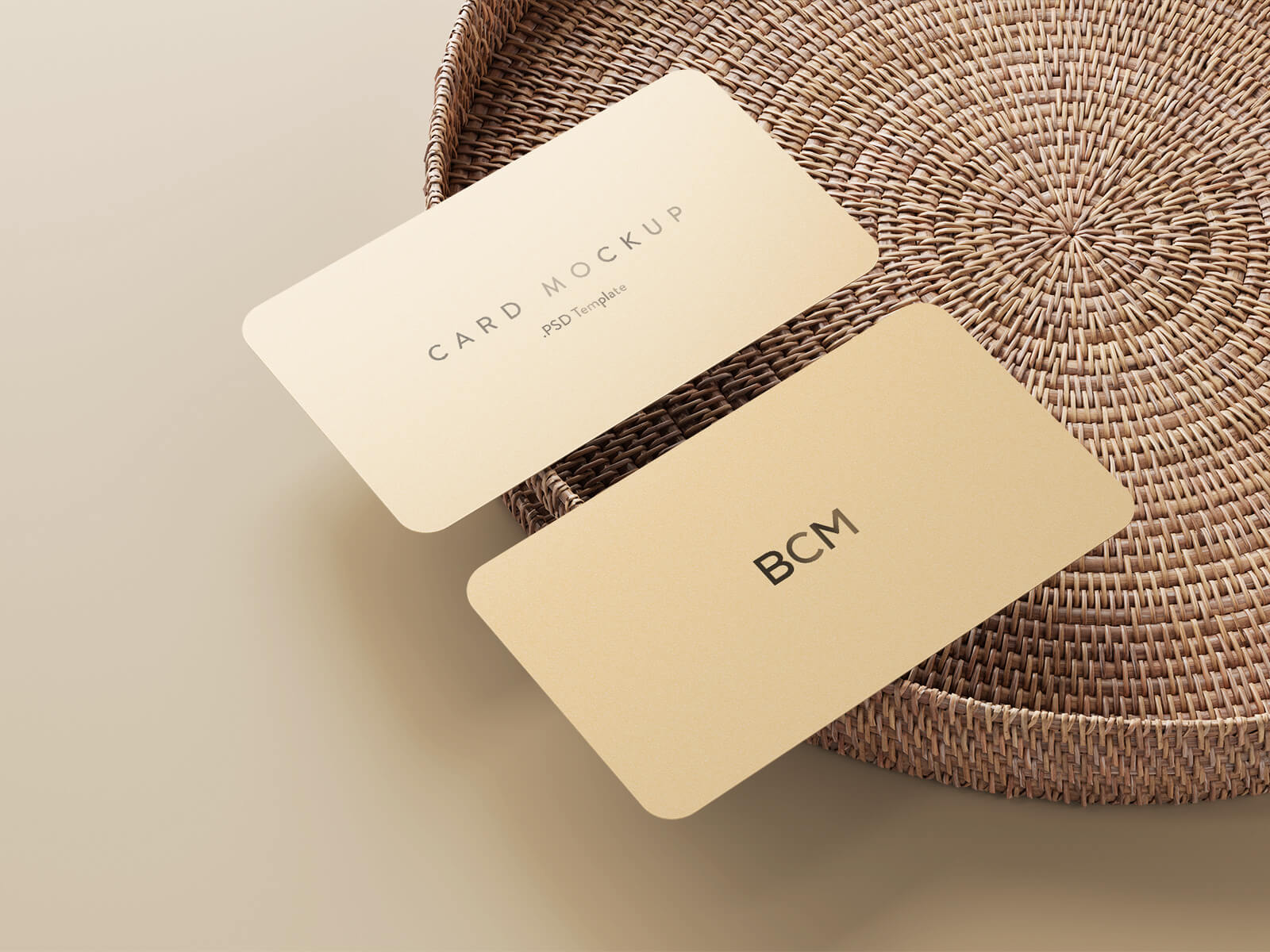 Free Rattan Tray Rounded Corner Business Card Mockup PSD Set