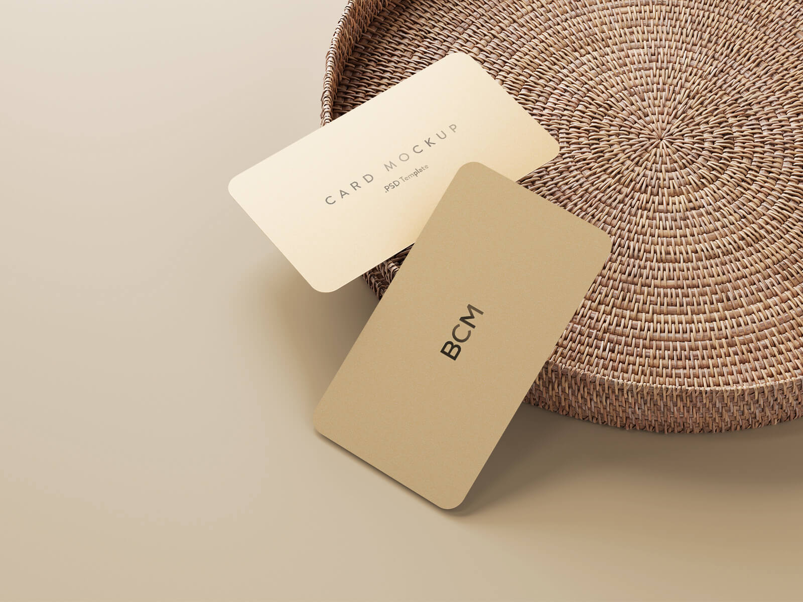 Free Rattan Tray Rounded Corner Business Card Mockup PSD Set