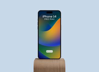 Free Wooden Stand iPhone 14 Pro Max Mockup PSD