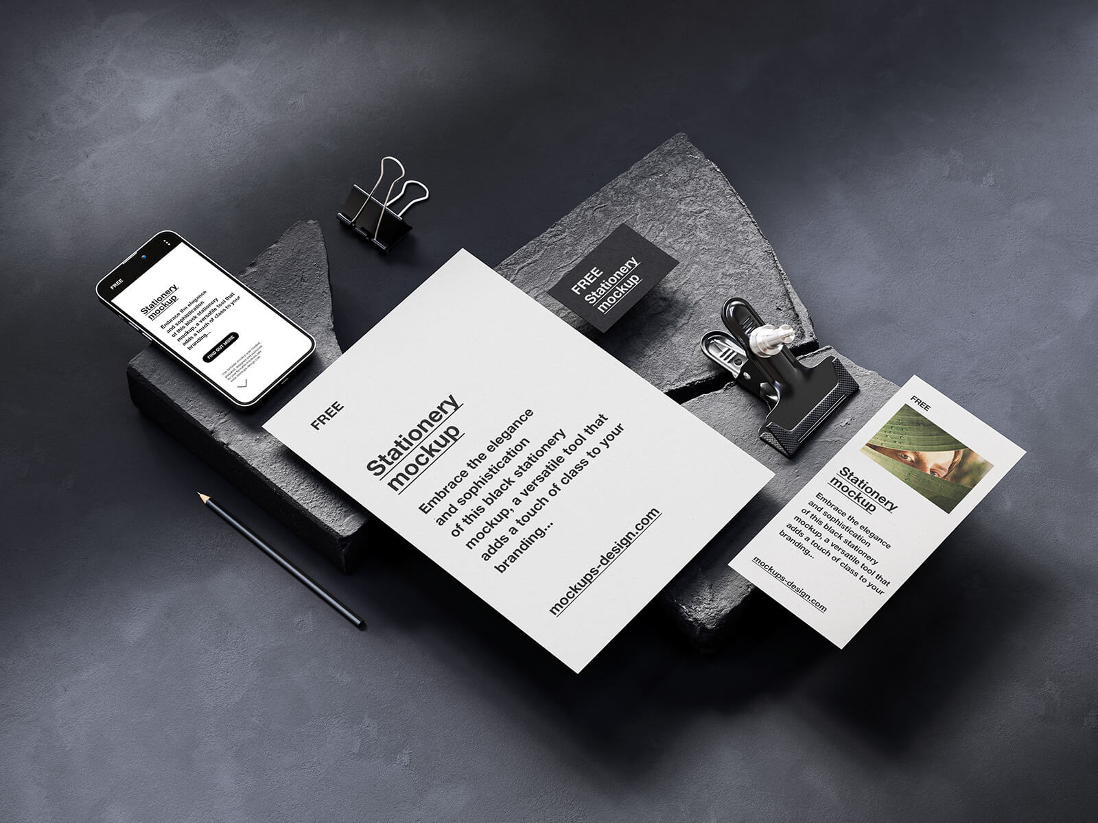 Free Dark Creative Stationery Mockup PSD