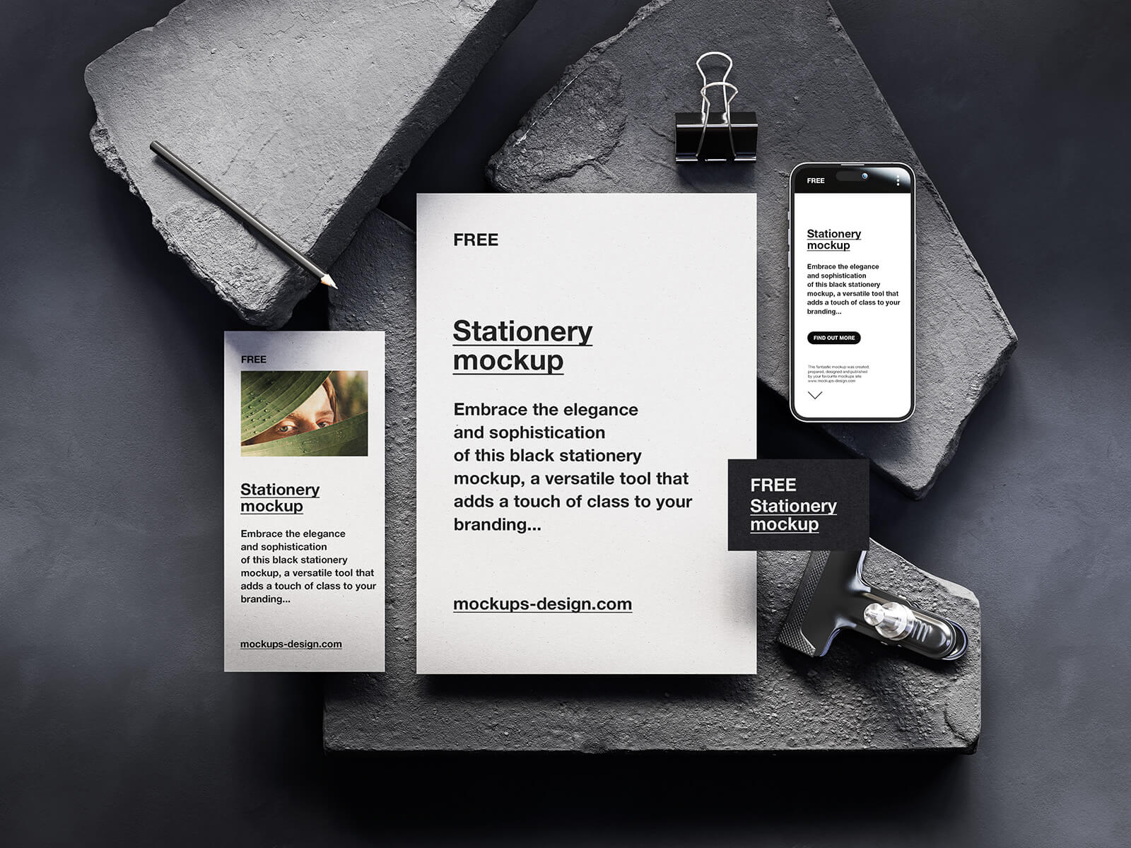 Free Dark Creative Stationery Mockup PSD