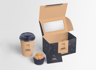 Free Coffee Cup & Cupcake Box Mockup PSD