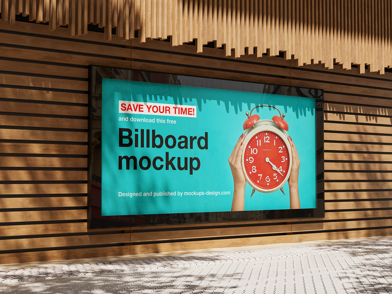 Free Wooden Wall Framed Billboard Mockup PSD