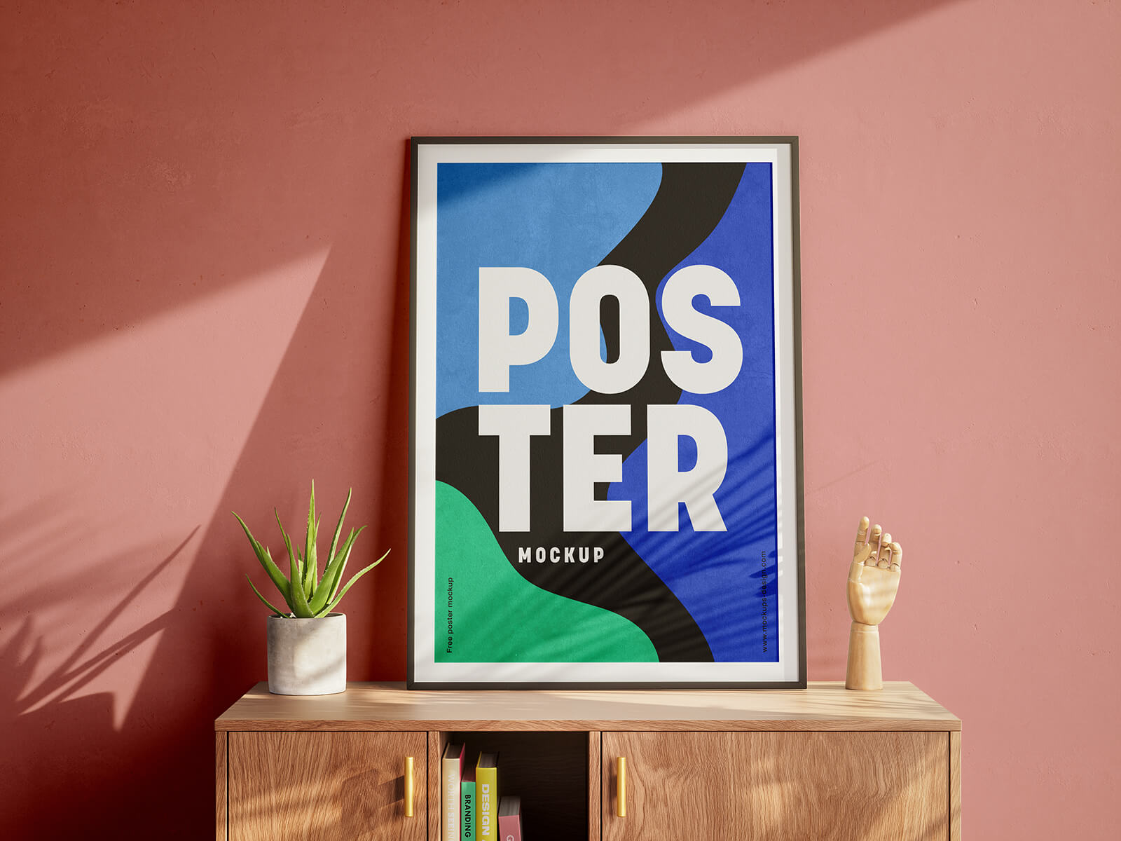 Free Framed Poster On Wooden Dresser Mockup PSD