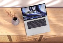 Free MacBook Pro M2 On Wooden Cabinet Mockup PSD