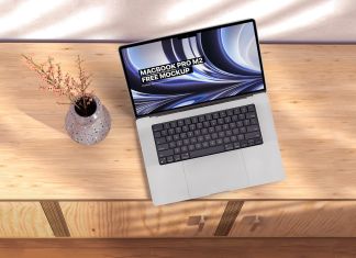 Free MacBook Pro M2 On Wooden Cabinet Mockup PSD