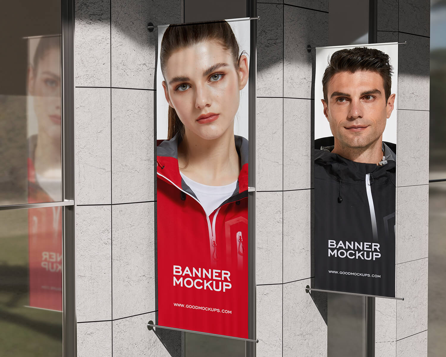 Free-Wall-Mounted-On-Building-Vertical-Banner-Mockup-PSD
