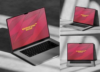 Free MacBook Pro 2024 In Dark Mockup PSD Set