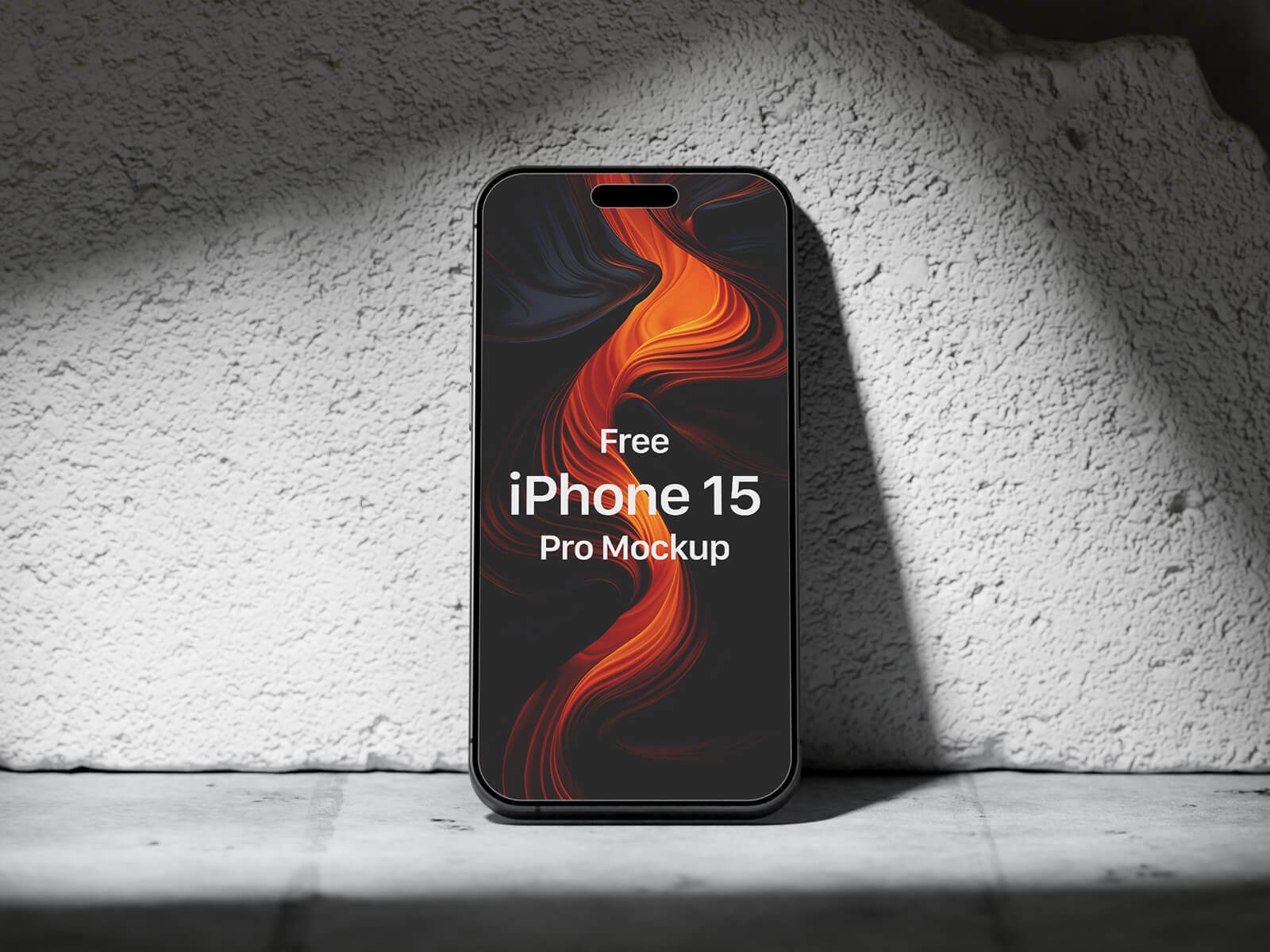 Free iPhone 15 Pro On Concrete Brick Mockup PSD Set