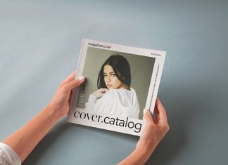 Free Hand Holding Square Cover Catalog Mockup PSD