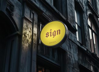 Free Dark Old Building Circle Shop Signboard Mockup PSD